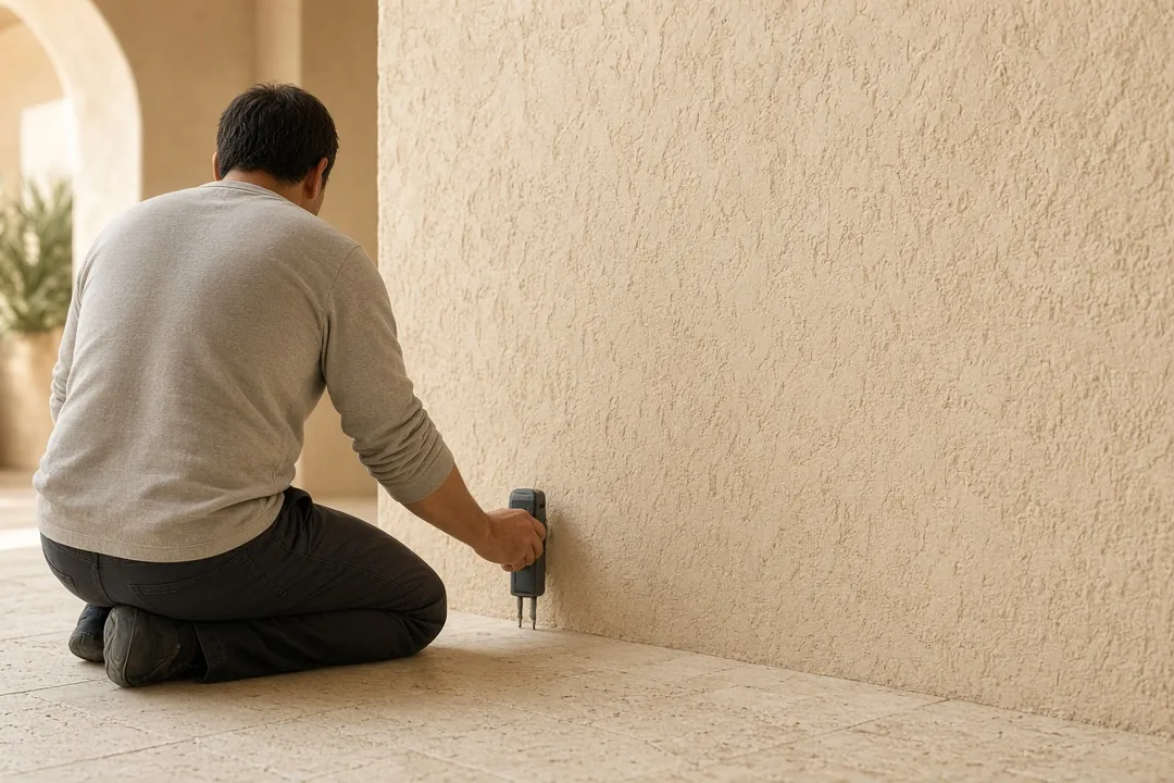 Technician seen from behind checking a wall with a moisture meter on a travertine floor