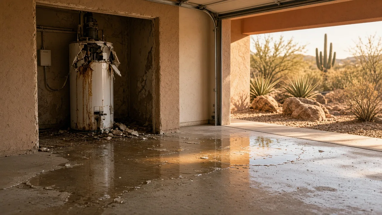 Garage of an Arizona stucco home with water spread across the concrete floor from a failed water heater